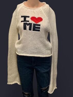 I Love Me  Knit Sweater with Heart Graphic